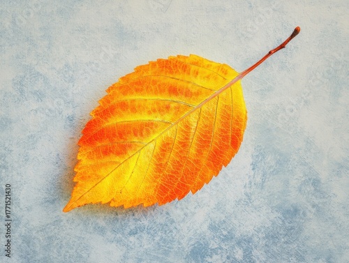 Single Autumn Leaf on Blue Textured Background Vibrant Orange Yellow Fall Foliage Isolated Botanical Element Seasonal Nature Display