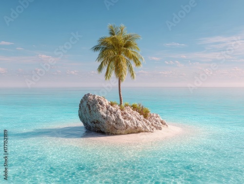 Small Tropical Islet White Sand Beach Single Palm Tree Clear Turquoise Ocean Blue Sky Horizon Sunny Day Minimal Scenery