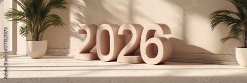 Stylish room interior, decorative numbers 2026, natural light, plants, modern decor