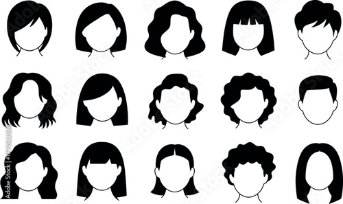 Set of diverse faceless people avatars with various hairstyles isolated
