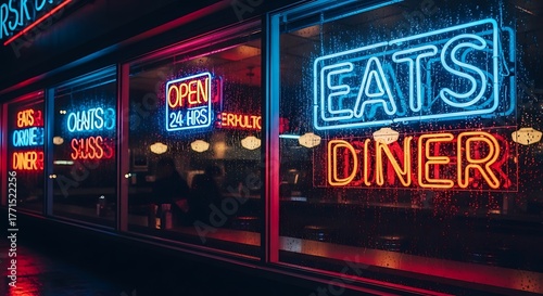 Vibrant Neon Signs Illuminate a Retro Diner at Night.