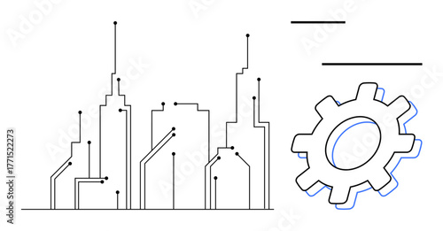 Abstract city skyline outlined with circuits connecting buildings, accompanied by a large gear. Ideal for automation, innovation, sustainability, digitalization, urban planning, smart city, teamwork