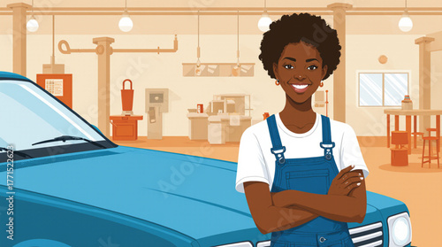 Smiling mechanic in blue overalls standing next to a car