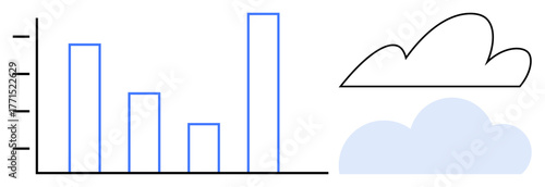 Bar graph representing data trends alongside outlined and shaded clouds. Ideal for data visualization, analytics, cloud computing, statistics, business trends, SaaS, modern technology. Simple flat