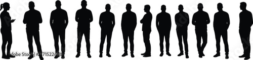 Silhouettes of people standing in line, casual stances, teamwork, group lineup, posture study, diversity, unity, social behavior, illustrationSilhouettes of people
