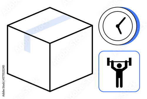 Box symbolizing delivery, clock for time management, and figure lifting weights for fitness. Ideal for logistics, scheduling, productivity, health, exercise discipline daily planning. Modern flat