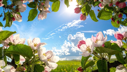 Apple blossoms frame blue sky dotted with clouds, with green field viewable through the blooms