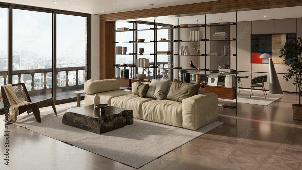 Fototapeta premium Large luxury modern bright interiors Living room mockup illustration 3D rendering image