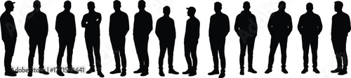 Silhouettes of people standing in row, diverse stances, posture study, teamwork, group lineup, body language, unity, social behavior, illustration, design