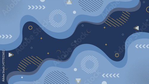 Contemporary abstract blue background featuring smooth flowing waves with geometric lines and yellow accents perfect for digital artwork posters web banners and presentations