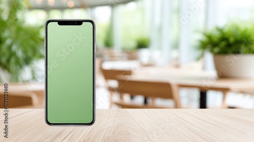 Wallpaper Mural Smartphone mock up with green screen displayed on wooden table in modern cafe, surrounded by plants and bright natural light, ideal for design projects and advertising Torontodigital.ca