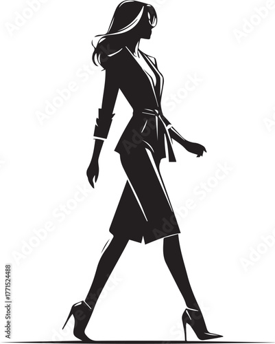 Modern professional woman in smart casual outfit, confident walking pose, sleek vector silhouette black