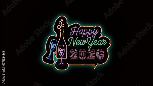 Happy New Year illustration features champagne bottle and glasses with colorful neon glow on black background