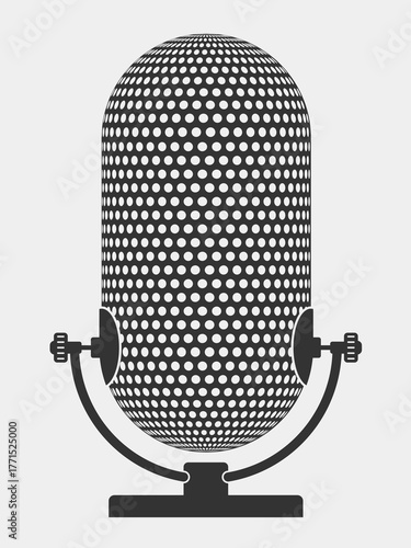 A microphone for an acoustic system. The microphone stands on a table. The microphone is minimalist in style.