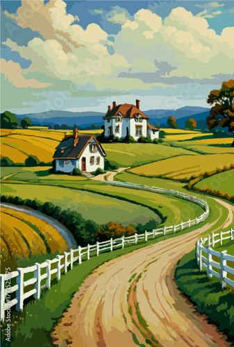 Countryside road leading to white farmhouse