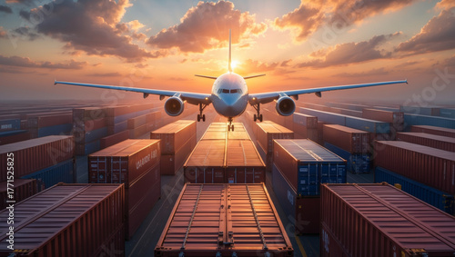 Air freight and maritime shipping concept with airplane and containers at port.