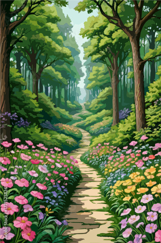 Garden path through blooming flower forest