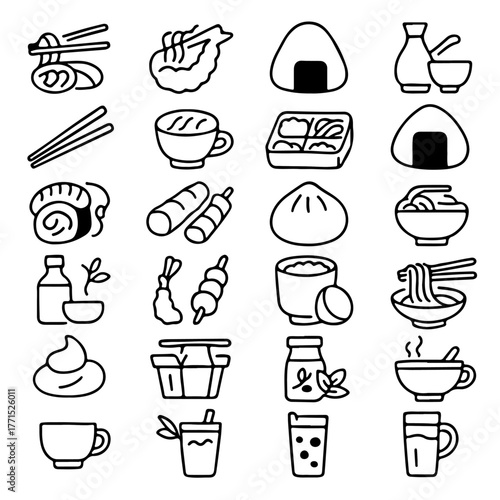 An array of delicious Asian food icons, with various dishes, including sushi and noodles