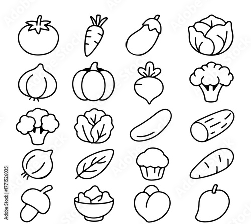 A collection of fresh vegetables and herbs in an illustrative outline. Including a carrot, eggplant, cabbage, tomato, etc.