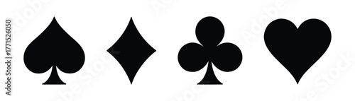Poker card suits - hearts, clubs, spades and diamonds - on white background. Casino gambling theme vector illustration. Simple black silhouettes.
