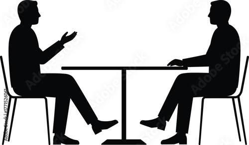 Silhouettes of two people talking at table, business meeting discussion, interview negotiation scene, black outline design, abstract communication illustration