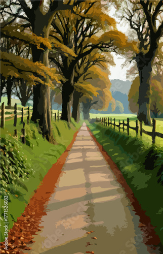 Straight walkway lined with autumn trees