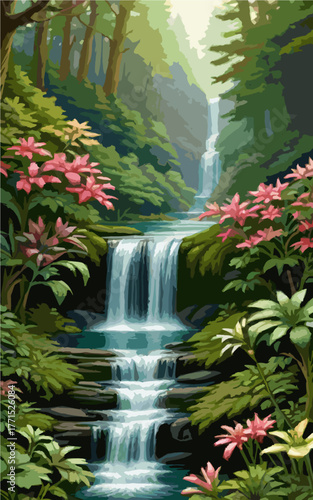 Tropical waterfall surrounded by lush forest