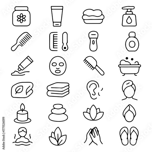 Spa day or bathroom equipment line art, depicting various beauty, spa and bathroom elements 