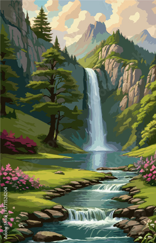 Waterfall stream running through green forest