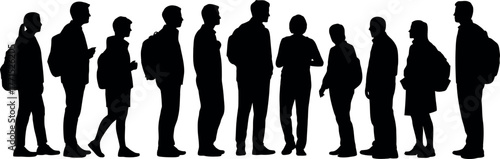 Silhouette of diverse group of people standing in line together black
