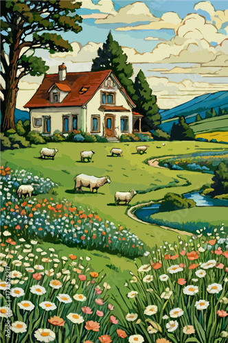 White farmhouse with green flower meadow