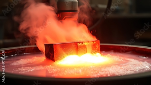 enthalpy. Red-hot steel being quenched in water, creating dramatic clouds of steam. safety posters, maintenance manuals, designed for industrial assembly lines and welding operations.