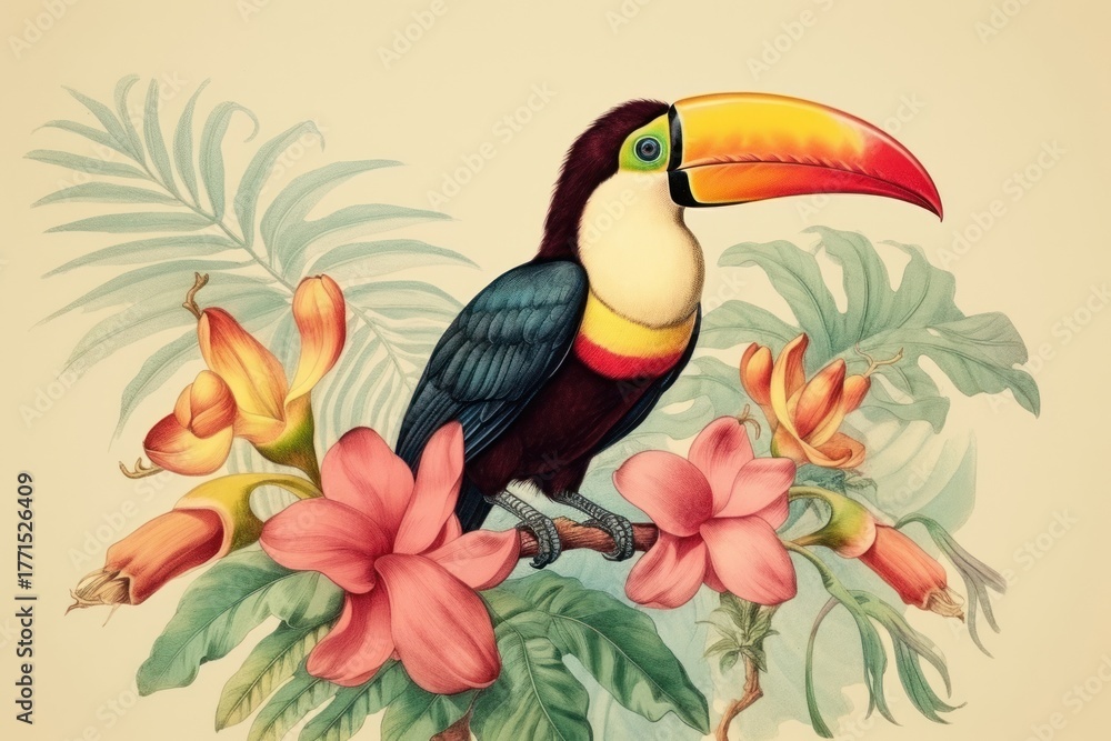 Obraz premium Vintage drawing coconut toucan fly animal flower sketch.