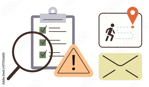 Magnifying glass over checklist, alert triangle, route map with pin, mail envelope. Ideal for task planning, productivity, organization, workflow management communication alerts navigation. Simple