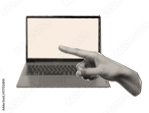 Modern halftone collage,hand pointing on laptop notebook and finger pointing at copy space location