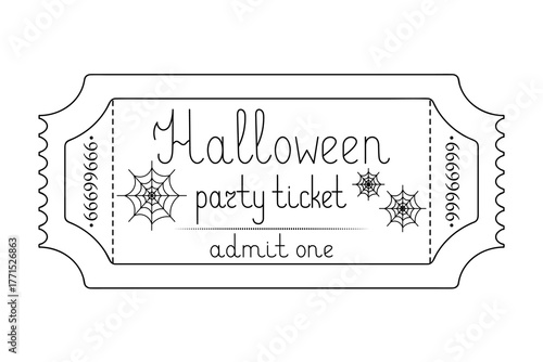 Halloween party. Ticket admit one. Spider web. Sketch. Handwritten lettering with a capital letter. Vector illustration. Tear-off ticket with a number. Outline on an isolated white background. Doodle 