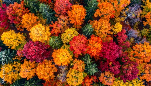 Aerial view of autumn forest with orange, red, and yellow foliage, colorful seasonal landscape from above