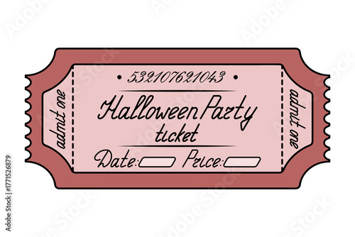 Halloween party. Red ticket admit one. Date and price are indicated. Handwritten cursive lettering. Color vector illustration. Tear-off ticket with number. Isolated on white background. Cartoon.