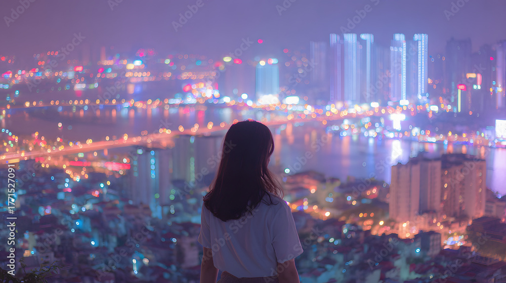 Fototapeta premium Mixed-Race Couple in Cyberpunk City Nightscape – Modern Tech Lifestyle Photography