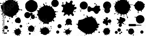 collection of abstract black ink blots, splatters, and shapes on a transparent background