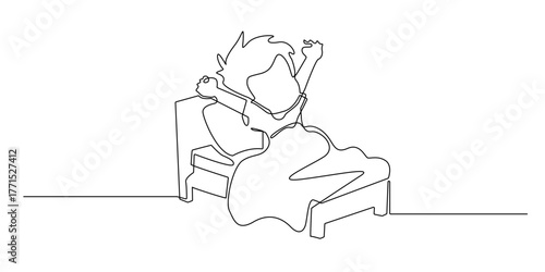 Continuous line drawing of a child waking up and stretching in bed.
Simple one line art illustration of a sleepy kid sitting on bed after waking up in the morning.