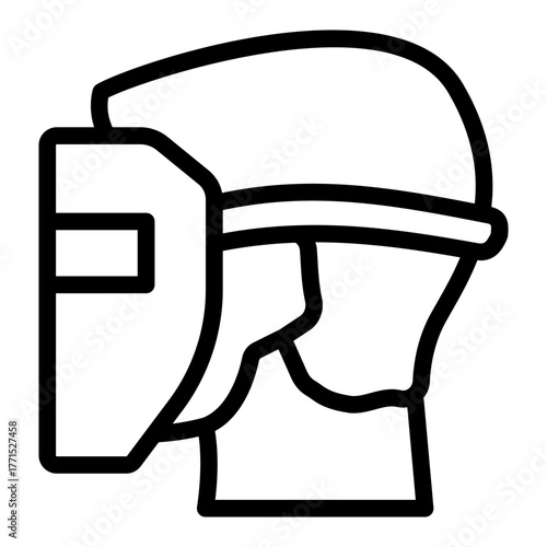 Man head with protective metal mask line icon, safety workwear concept. Vector graphics. Boy face with mask for welding sign on white background, style icon mobile or web design.