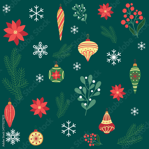Seamless Christmas pattern on dark green background with red berries, mistletoe branches, pine twigs, snowflakes, ornaments, and festive decorations. Ideal for wrapping paper, cards, and fabric.