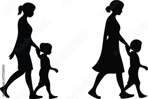 Mother and Child Silhouette Walking Together in Affectionate Bond Depiction