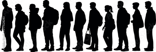 Silhouette of diverse people waiting in line concept black and white