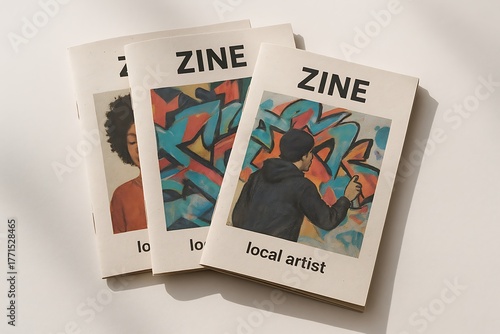three zines printed on recycled paper, each featuring unique local artists, casually stacked on white background