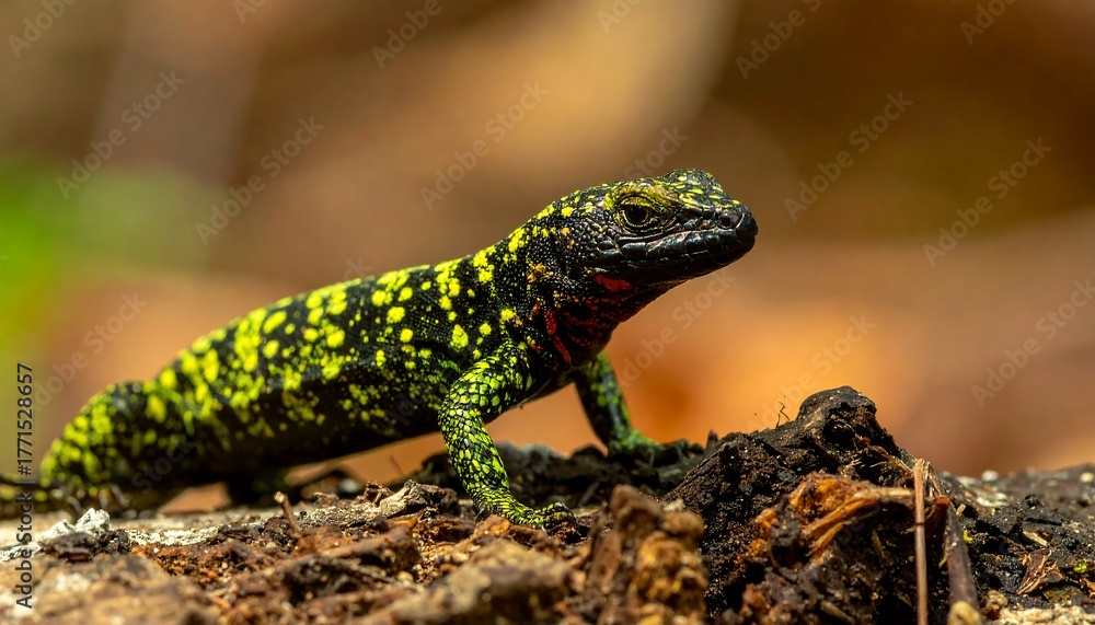 Fototapeta premium Brightly spotted lizard on a weathered log, bathed in natural light against a soft, bokeh-filled forest backdrop