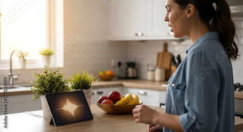Woman Interacting with Smart Display in Modern Kitchen.