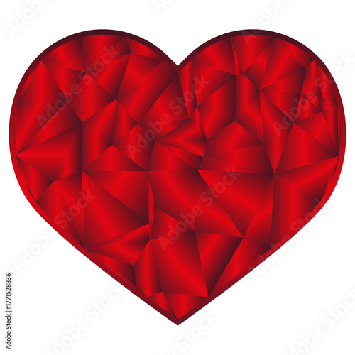 Geometric red heart illustration with vibrant facets and modern design elements
