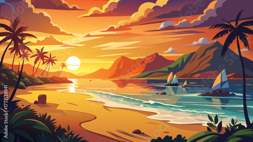 Very beautiful sunset at Sunset Beach on the North Shore of Oahu, Hawaii, USA, showing people enjoying the view, golden sky reflecting on calm waves, and a serene tropical coastline at dusk.